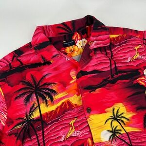 Tropical Storm Mens XL Sunset Hawaiian Shirt Pink Red Palm Tree Surfer Hibiscus